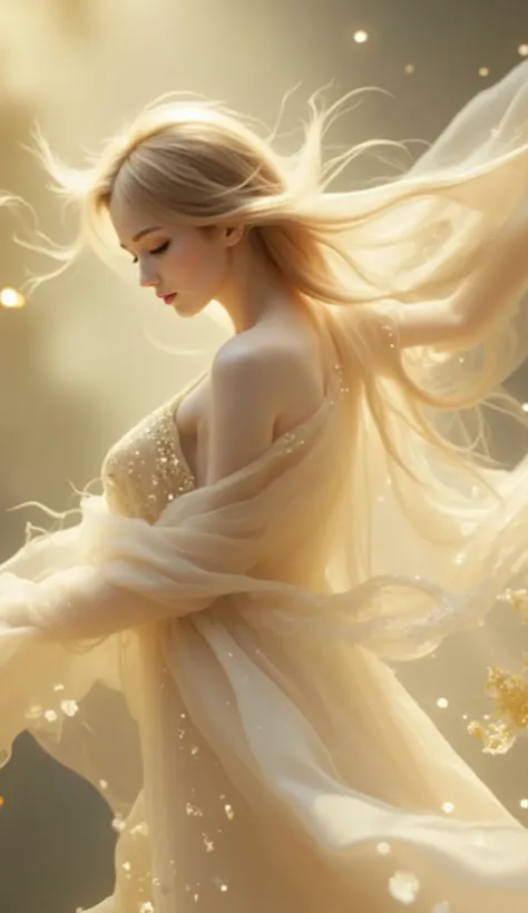 A serene yet strikingly cinematic scene where a goddess or spirit is gracefully floating or standing amidst a swirl of translucent, shimmering fabric. The fabric flows like water, catching the light and casting intricate shadows that dance around her. The ...