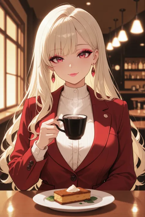 Anime-style woman sitting in a cozy, softly lit café by the window, holding a warm cup of coffee with steam rising gently. There is a plate for the cup of coffee in front of her. She wears a glossy black latex catsuit that hugs her exaggerated hourglass cu...