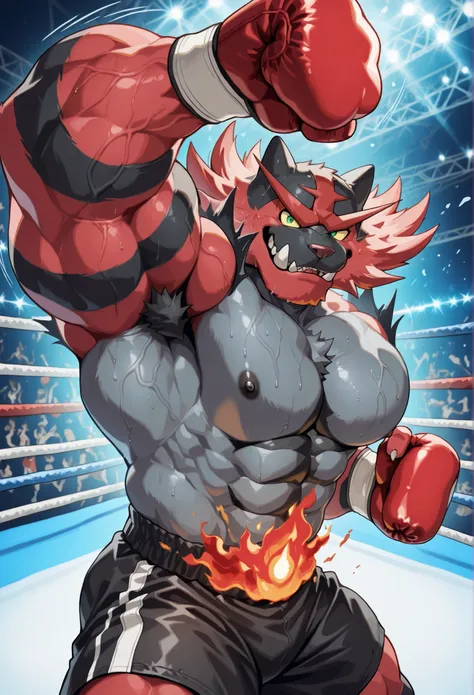 Realistic like a real photo style, pov_boxing, Incineroar strengthful predator Pokemon heavy wait boxing champion, thick armpits, fiercely barrage of punching_the_viewer, foreshortening, motion blur, red boxing gloves, black boxing shorts with gold side li...