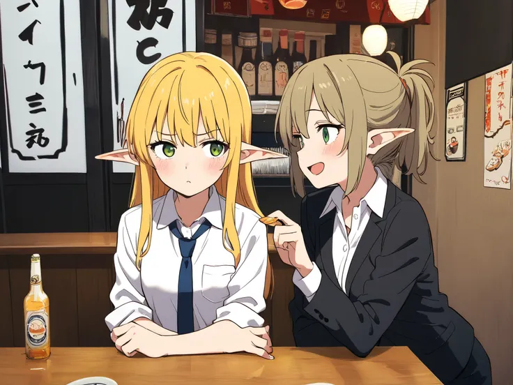 Anime style, masterpiece, best quality, score_9, score_8_up, score_7_up, score_6_up, japanese style izakaya, bar counter, 2girls, elves, blonde hair, green eyes, office lady uniform, chatting to each other, 2 big glass of beers, 2 plates of karaages, shoul...