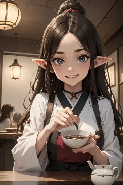 a magical elf izakaya, an enchanted japanese-style sake bar, with mischievous elves serving magically-brewed sake that can heal the soul, detailed anime-style scene, moody chiaroscuro lighting, hazy atmosphere, rich jewel-toned colors, intricate traditiona...