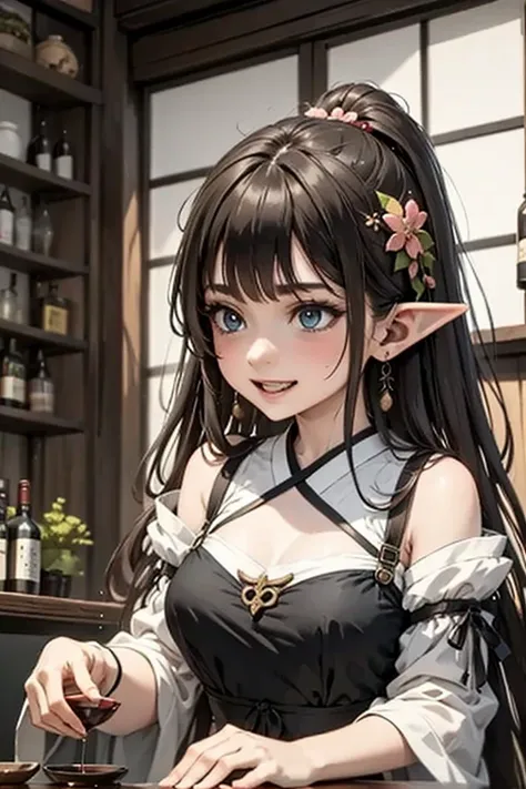 a magical elf izakaya, an enchanted japanese-style sake bar, with mischievous elves serving magically-brewed sake that can heal the soul, detailed anime-style scene, moody chiaroscuro lighting, hazy atmosphere, rich jewel-toned colors, intricate traditiona...