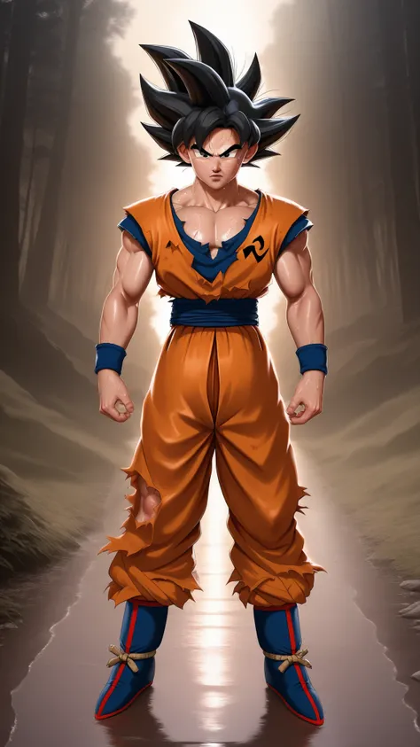 Photorealistic, masterpiece,best quality,amazing quality, Goku,sweaty and shiny, full body shot , front facing portrait, light from front.