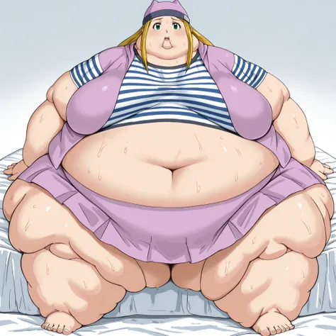 digimon frontier, izumi orimoto, 1girl, blonde hair, solo, striped shirt, green eyes, skirt, long hair, striped, navel, hat, shirt, midriff, looking at viewer, jacket, long jacket, crop top, miniskirt, purple shirt, short sleeves, blank_stare, empty_stare,...