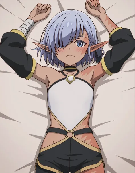 cariaerful,,dark elf, dark-skinned female, short hair,  blue hair, hair over one eye, blue eyes, pointy ears, bandaged arm, black choker, burn on face, burn on side, burnt arm, burnt leg, flat chest,,white top,  halterneck, bare shoulders,  detached sleeve...