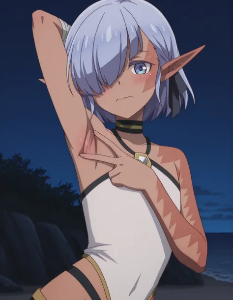 cariaerful, dark elf, dark-skinned female, short hair,  blue hair, hair over one eye, blue eyes, pointy ears, bandaged arm, black choker, burn on face, burnt arm, flat chest, white top, halterneck, sleeveless, black shorts, anime screencap, high quality, s...