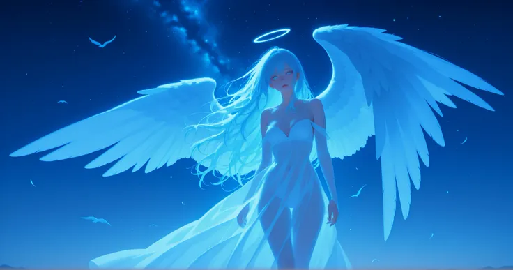 expressive eyes that convey sadness and hope. angels in an ethereal and melancholy scene, Delicate neutral face, the surrounding scene is mystical twilight, long, fluttering hair. Her big, the majestic wings are clearly damaged, as if the feather is broken...