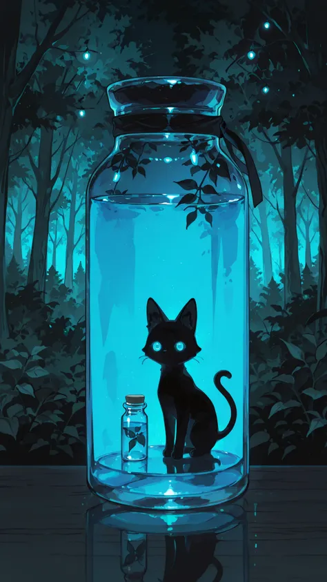 high definition, Clean Background, clean lines, delicate expression, soft texture, Clear, 4K, Delicate Drawing, 초high definition, perfect ratio, forest background, Mysterious, beautiful, Dark Night, [[Glowing Little Lights, Glass bottle , Blue Light Drink,...