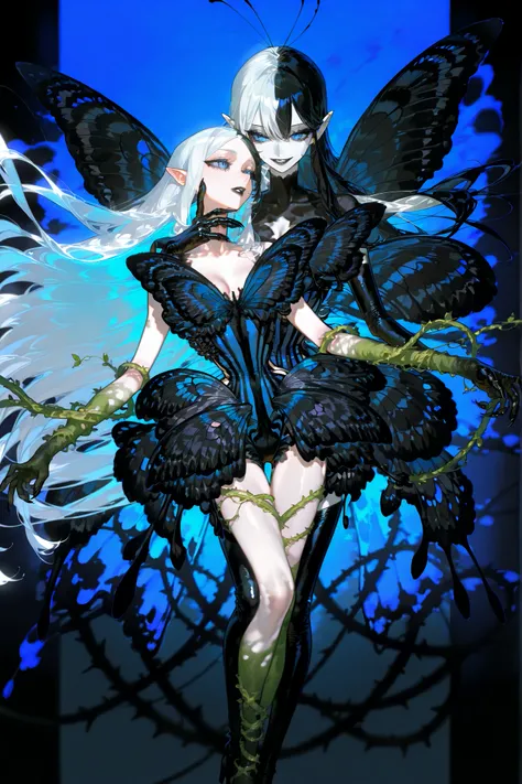 (SPLIT-COLOR HAIR,MIX OF BLACK AND WHITE HAIR,xxx667_illu,Black butterfly leotard, narrow waist,) Dark faèrie-girl. She has an asthenic skinny flat-chested physique, she has long elegant swan neck,clawed six-fingered limbs,long pointy ears. She has huge sh...