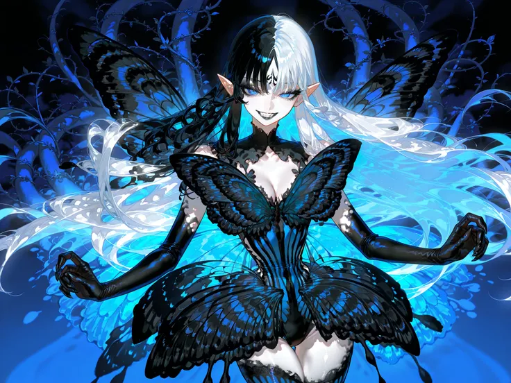 (SPLIT-COLOR HAIR,MIX OF BLACK AND WHITE HAIR,xxx667_illu,Black butterfly leotard, narrow waist,) Dark faèrie-girl. She has an asthenic skinny flat-chested physique, she has long elegant swan neck,clawed six-fingered limbs,long pointy ears. She has huge sh...