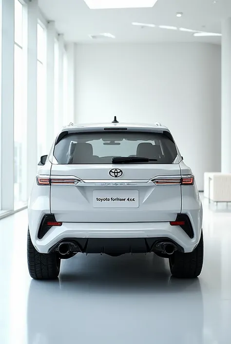 Back view of painted  white with white shiny colour 2026 captivating and futuristic image of the 2026 “toyota fortuner 4x4” takes center stage in a luxurious white showroom. The car is painted in a striking vibrant “white” hue,, aerodynamic design with bol...