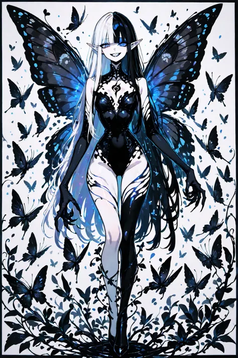 (SPLIT-COLOR HAIR,MIX OF BLACK AND WHITE HAIR,xxx667_illu,Black butterfly leotard, narrow waist,) Dark faèrie-girl. She has an asthenic skinny flat-chested physique, she has long elegant swan neck,clawed six-fingered limbs,long pointy ears. She has huge sh...