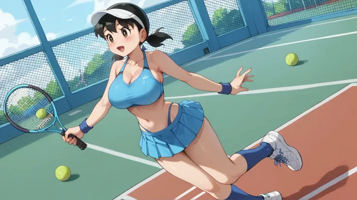 score_9, score_8_up, score_7_up, score_6_up, score_5_up, score_4_up, source_anime, BREAK, tennis court, noon, 1girl, shizuka, 18+, white visor, large breasts, narrow waist, round hips, blue bikini, highleg bikini, white pleated microskirt, blue socks, whit...