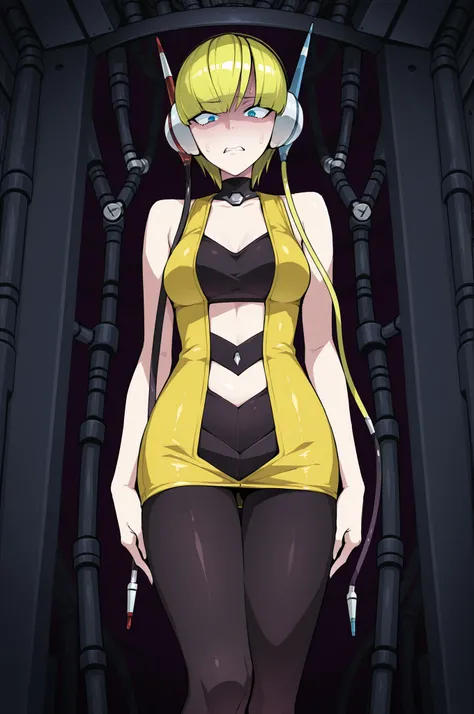 Elesa. Yellow hair. Straight bangs. Mechanical headphones. Sharp eyes. Disgusted expression. Yellow costume. Black decorations. Slender body. Detailed thighs. Black tights. Mechanical background. Dark room.