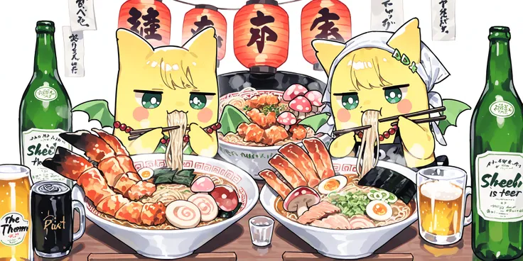 (xxx667_illu,DSP, artist:DSP, mogeko,eating ramen,) Ramen faèrie. She is miniature chibi. She has white fae wings. She has yellow skin and two fluffy yellow ears. Her eyes are blue. She has hair clips. She is dressed in kawaii yellow kimono with food print...