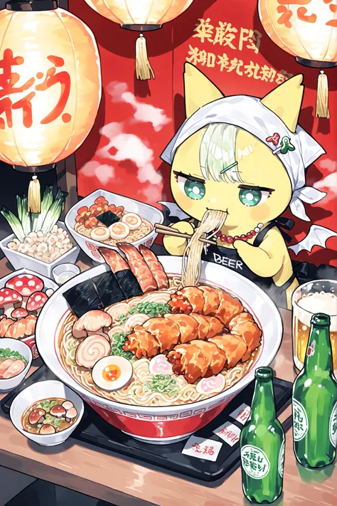 (xxx667_illu,DSP, artist:DSP, mogeko,eating ramen,) Ramen faèrie. She is miniature chibi. She has white fae wings. She has yellow skin and two fluffy yellow ears. Her eyes are blue. She has hair clips. She is dressed in kawaii yellow kimono with food print...