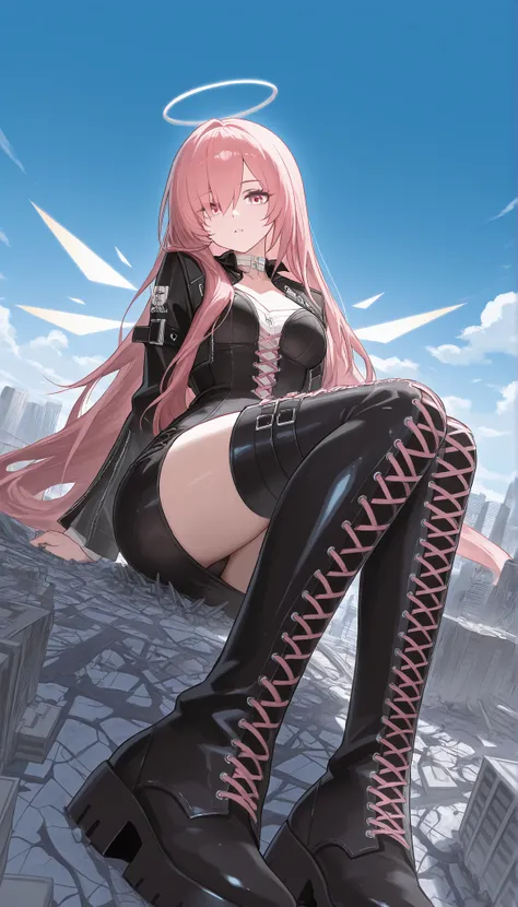 lemuen_\(arknights\) ,  pink eyes , pink hair ,  straight_hair,  white halo,energy wings,,white choker , cropped jacket,cross-laced dress ,bustier,belt buckle,arm belt,zipper,  zettai ryouiki, white_shirt, flower_ornament ,  lace-up boots,,giantess, Only o...