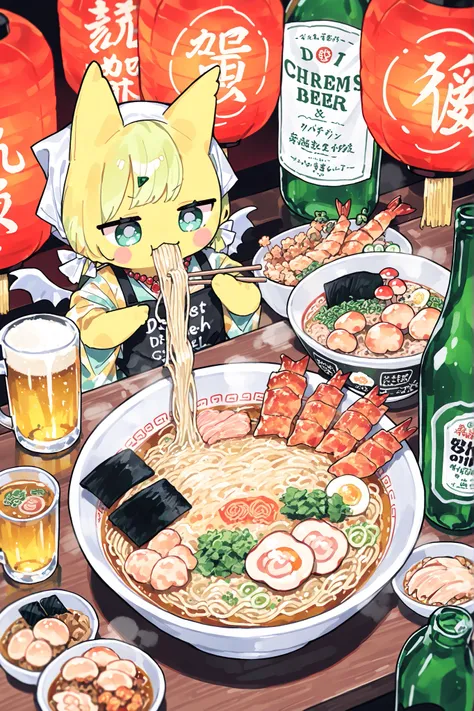 (xxx667_illu,DSP, artist:DSP, mogeko,eating ramen,) Ramen faèrie. She is miniature chibi. She has white fae wings. She has yellow skin and two fluffy yellow ears. Her eyes are blue. She has hair clips. She is dressed in kawaii yellow kimono with food print...