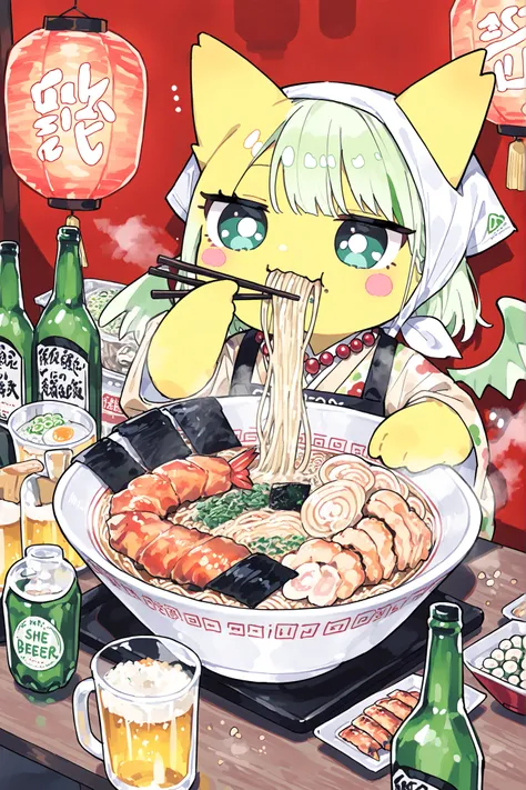 (xxx667_illu,DSP, artist:DSP, mogeko,eating ramen,) Ramen faèrie. She is miniature chibi. She has white fae wings. She has yellow skin and two fluffy yellow ears. Her eyes are blue. She has hair clips. She is dressed in kawaii yellow kimono with food print...