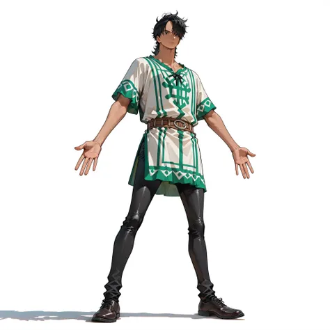 (male), (man), Slim body, (mullet hairstyle, black hair, Dark skin), (black eyes), (giant body), (giant character), (solo), (single character), (full body version), (white background), (no background), (highly detailed), (shadow), (standing pose), (natural...