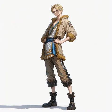 (male), (man), (slim body), (blonde hair), (short hair), (blue eyes), (solo), (single character), (full body version), (white background), (no background), (highly detailed), (shadow), (standing pose), (natural light), (detailed outfit), (detailed hand), (...