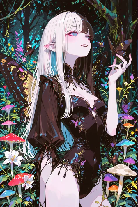 (idol,pinkidolcat ,ima_AI123,748cmstyle,)(SPLIT-COLOR HAIR,MIX OF BLACK AND WHITE HAIR,xxx667_illu,Black butterfly leotard, narrow waist,) Dark faèrie-girl. She has an asthenic skinny flat-chested physique, she has long elegant swan neck,clawed six-fingere...