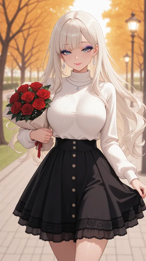 Anime-style woman walking in a park to the right next to the viewer. looking at the viewer with a smile. She hold bouquet of  red roses close to her chest. she has  a seductive expression. she wears a tiered skirt.  She wears a soft white sweater with butt...