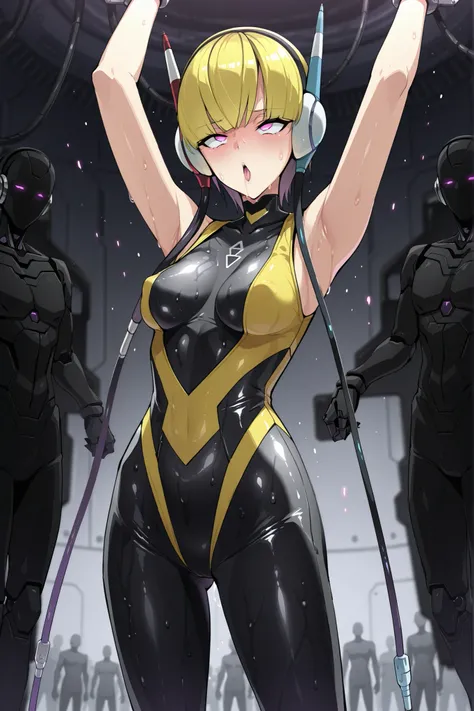 Elesa. Yellow hair. Black line bangs. Straight bangs. Short hair. Slanted eyes. Glowing pink eyes. Ahegao face. Mechanical headphones. Sweat. Glossy. Latex bodysuit. Transparent bodysuit. Black decoration. Black gauntlets. Black oversized boots. Perky brea...