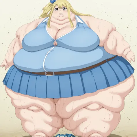 lucy heartfilia, long hair, blonde hair, brown eyes, mature female, breasts, anime screencap, skirt, ribbon, cleavage, bare shoulders, collarbone, hair ribbon, sleeveless, one side up, blue ribbon, blue skirt, pleated skirt, belt, snorlax, pokémon (creatur...
