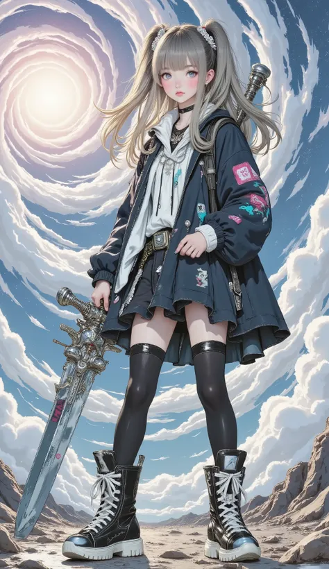 beautiful 8K resolution masterpiece equipped with a large sword ， shows a female character standing in a scene with the sky in the background ， A 。 Dynamic lighting combined with flat colors、that cleverly blends contrasting styles 。