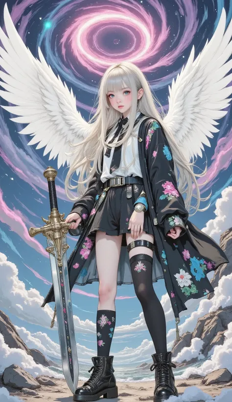 beautiful 8K resolution masterpiece equipped with a large sword ， shows a female character standing in a scene with the sky in the background ， A 。 Dynamic lighting combined with flat colors、that cleverly blends contrasting styles 。