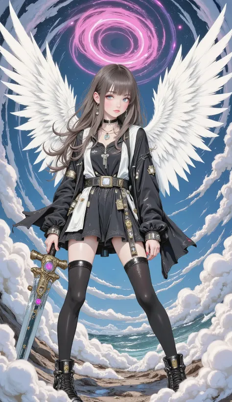 beautiful 8K resolution masterpiece equipped with a large sword ， shows a female character standing in a scene with the sky in the background ， A 。 Dynamic lighting combined with flat colors、that cleverly blends contrasting styles 。
