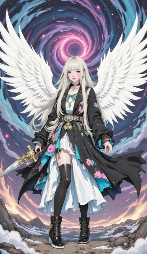 beautiful 8K resolution masterpiece equipped with a large sword ， shows a female character standing in a scene with the sky in the background ， A 。 Dynamic lighting combined with flat colors、that cleverly blends contrasting styles 。

