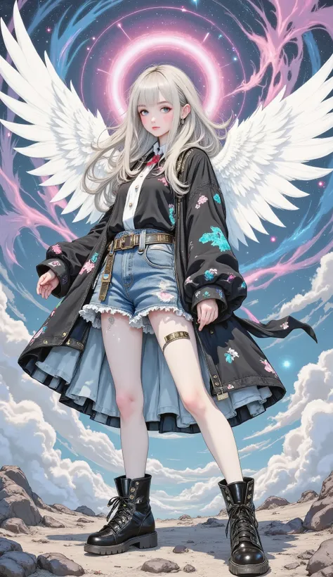 beautiful 8K resolution masterpiece equipped with a large sword ， shows a female character standing in a scene with the sky in the background ， A 。 Dynamic lighting combined with flat colors、that cleverly blends contrasting styles 。

