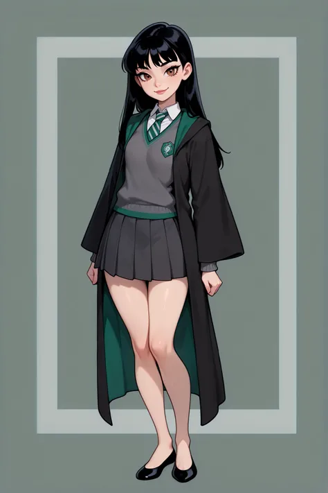 score_9, score_8_up, score_7_up, best quality, masterpiece, 4k resolution, 1girl, solo, youthful, beautiful, full body, long straight hair, pitch black hair, brown eyes, sharp eyes, looking at viewer, elegant posture, bare legs, smooth body, clean skin, h...