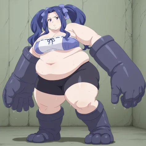 1girl, solo, meltyqm, hair bow, tube top, bike shorts, blank_stare, empty_stare,  fat, chubby, obese, gigantic arms and legs, large breasts, sweating, wet body, swollen face, Fat_neck , Fat head , eyes with crushed cheeks , nose with crushed cheeks , mouth...