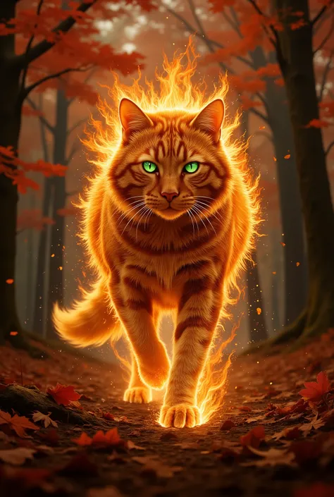 The majestic red tabby cat, wrapped in an unearthly, fiery glow, strides forward with concentration, his eyes burning with emerald light. The fur is amber in color with fiery red streaks. A lot of bright, smoldering particles, similar to embers, dance arou...