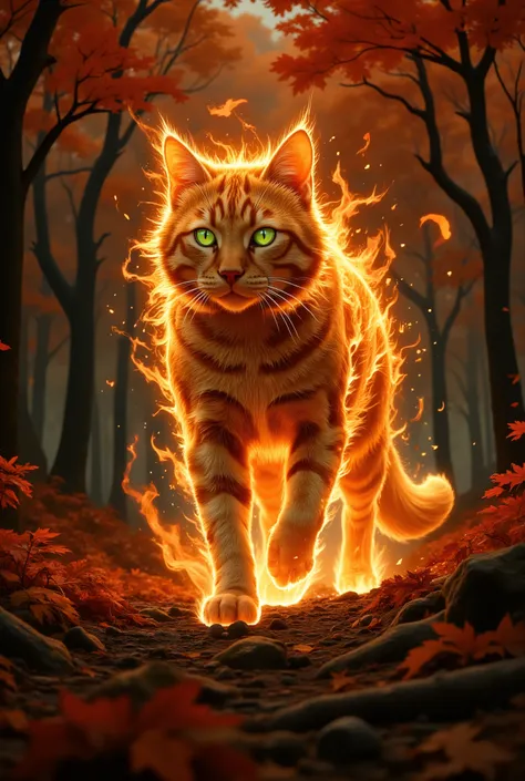 The majestic red tabby cat, wrapped in an unearthly, fiery glow, strides forward with concentration, his eyes burning with emerald light. The fur is amber in color with fiery red streaks. A lot of bright, smoldering particles, similar to embers, dance arou...