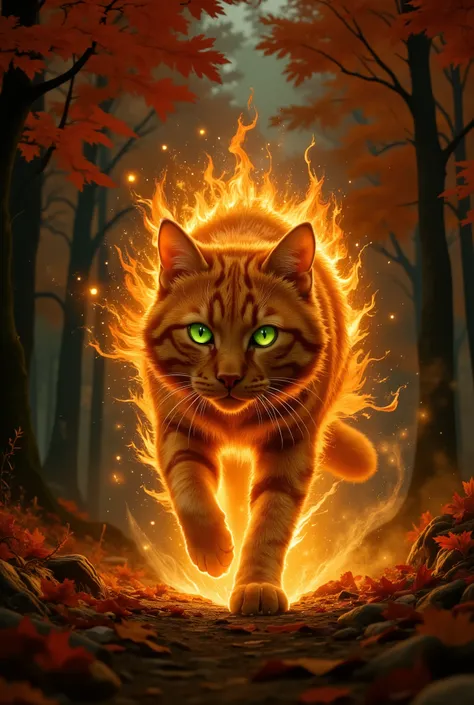 The majestic red tabby cat, wrapped in an unearthly, fiery glow, strides forward with concentration, his eyes burning with emerald light. The fur is amber in color with fiery red streaks. A lot of bright, smoldering particles, similar to golden fireflies, ...