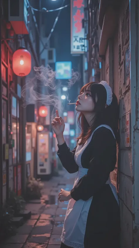 8K, Ultra High Definition, masterpiece, hyper-detailed photorealistic art, cinematic lighting, HDR, film grain, shallow depth of field.
A beautiful Japanese woman wearing a slightly worn black-and-white maid uniform stands alone in a narrow, decaying alle...