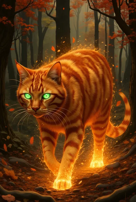 The majestic red tabby cat, wrapped in an unearthly, fiery glow, strides forward with concentration, his eyes burning with emerald light. The fur is amber in color with fiery red streaks. Hundreds of bright, smoldering particles, similar to golden fireflie...