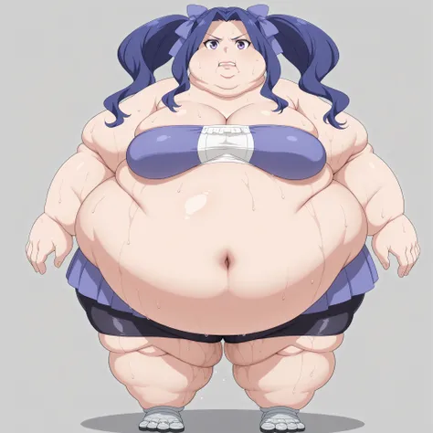 1girl, solo, meltyqm, hair bow, tube top, bike shorts, blank_stare, empty_stare,  fat, chubby, obese, gigantic arms and legs, large breasts, sweating, wet body, swollen face, Fat_neck , Fat head , eyes with crushed cheeks , nose with crushed cheeks , mouth...