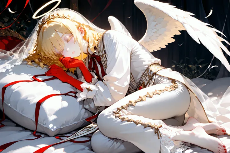 super detail, masterpiece, best quality, high resolution, 8k, ultra high anatomy, facial, only 1 boy, medium hair, blonde hair, White lace veil, Red skin hand, very long Red nails, Pale face skin with matching pale white eyelashes, white shirts, white Cumm...