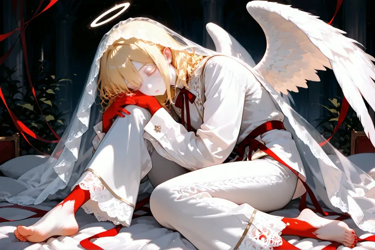 super detail, masterpiece, best quality, high resolution, 8k, ultra high anatomy, facial, only 1 boy, medium hair, blonde hair, White lace veil, Red skin hand, very long Red nails, Pale face skin with matching pale white eyelashes, white shirts, white Cumm...