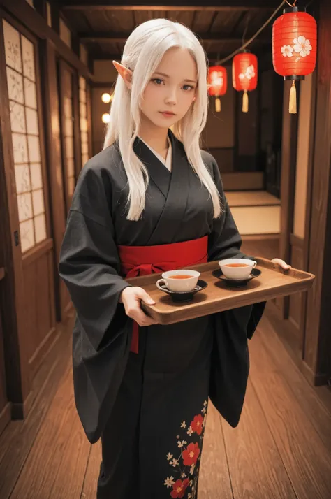 A white-haired elf girl in an elegant black kimono with floral patterns carefully carries a wooden tray with tea vessels through a traditional Japanese room decorated with red lanterns. She walks slowly and steadily, focusing intently on not spilling the c...