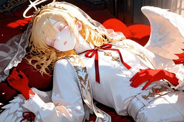 super detail, masterpiece, best quality, high resolution, 8k, ultra high anatomy, facial, only 1 boy, medium hair, blonde hair, White lace veil, Red skin hand, very long Red nails, Pale face skin with matching pale white eyelashes, white shirts, white Cumm...