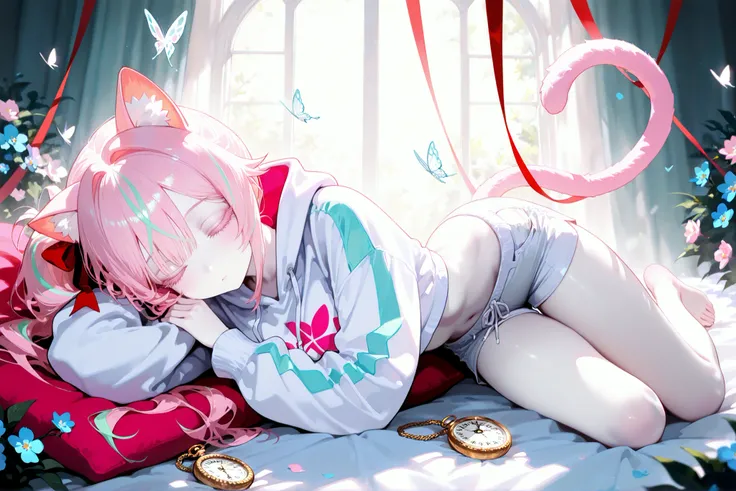 super detail, masterpiece, best quality, high resolution, 8k, ultra high anatomy, facial, only 1 girl, light pink cat_ears, light pink and mint-green Streaks side ponytail, white diamond shaped pupil, Pale skin with matching pale light pink eyelashes, whit...