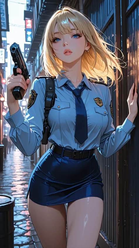 1 female、American Beauty、Super beautiful、facial beauty、blue eyes、full of personality、New York Police Uniform、miniskirt、golden hair、Night Street、Backlighting、wind is blowing that can be flipped slightly、that's It's raining、he's staring intently at the ...
