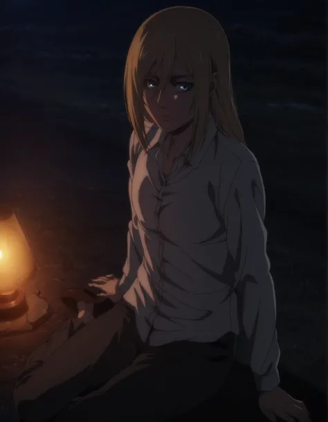 anime coloring, anime screencap, historia reiss, (aged up:1.2) ,1girl, solo, long hair, blond hair, (hair down),(very long sidelocks) ,looking at viewer, light blue eyes, black pants, white dress shirt ,yokozuwari, ,(flat chest), outdoors, (dark, night),la...