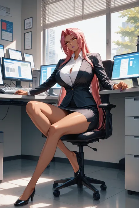 ingrid \(taimanin murasaki\), 1girl, solo, mature female, dark-skinned female, pink hair, long hair, hair intakes, sidelocks, purple lips, mole under mouth, yellow eyes, high definition eyes, detailed eyes, high gradient eyes, eyesHD, Makai Kishi, black bl...